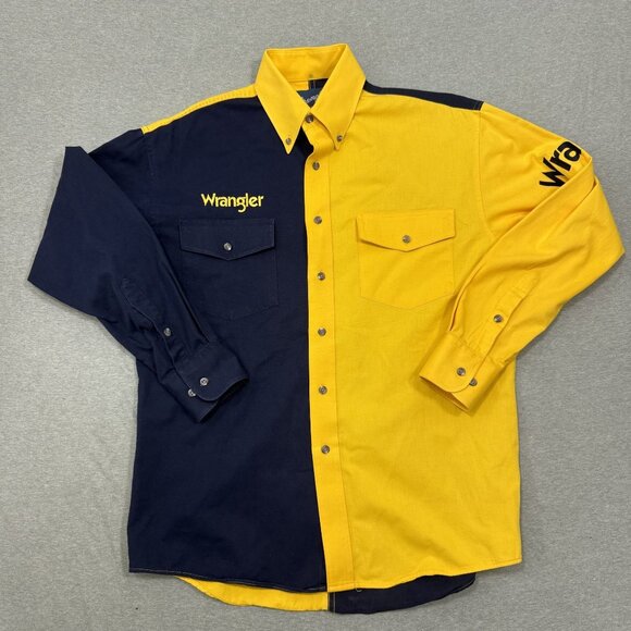 Wrangler Other - VTG Wrangler Shirt Mens Med Blue Yellow Bull Riding Rodeo Western 90s Rancher